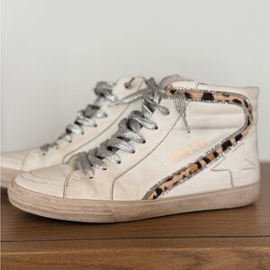 Golden Goose Women's White and Silver Sneakers with Animal Print